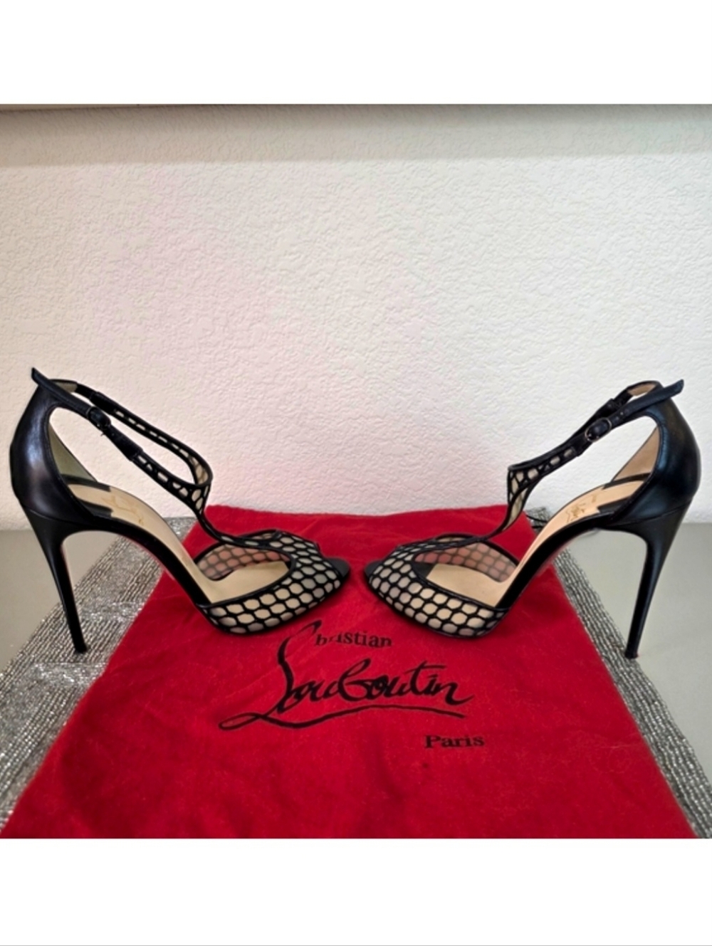 Christian Louboutin Black Leather Sheer Mesh Peep-Toe Heels EU 38 / US 8 - Picture 5 of 13